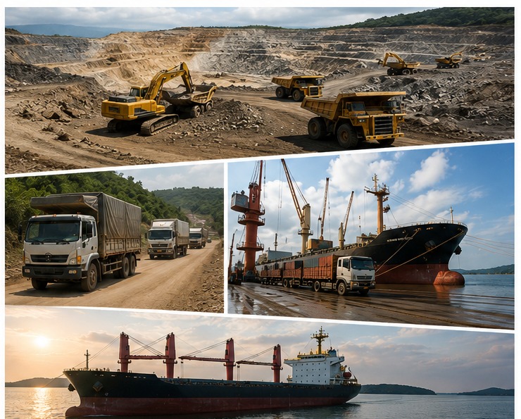 Resource field operations from mining and inland transport to ports and vessels