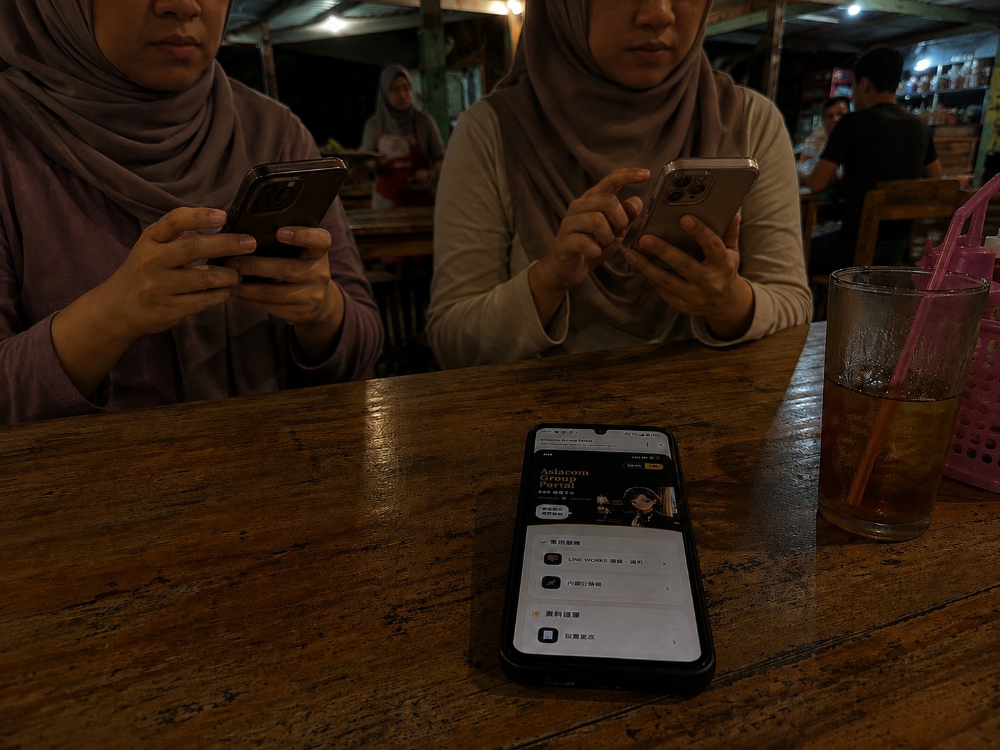 インドネシアの現場で現地社員がスマートフォン接続テストを行っている様子